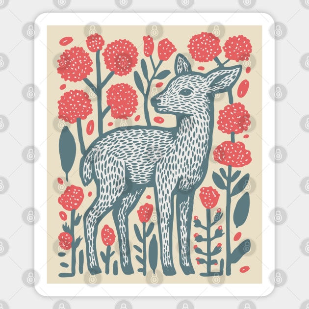 Folk Art Deer and Flowers - Scandinavian Woodland Design Magnet by TuncGK